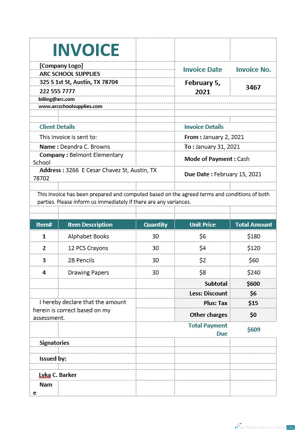 Download School Supply Order Invoice Template Photoshop template